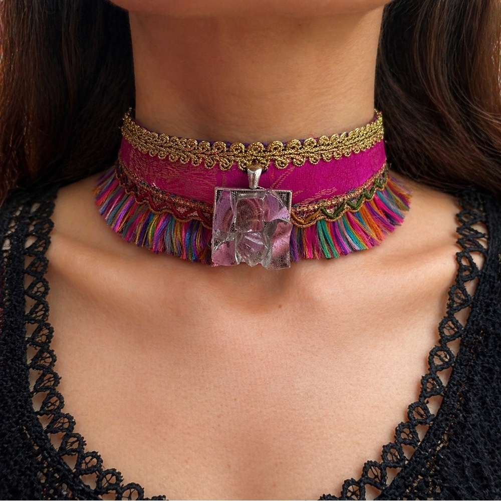 Handmade Fringe Choker Necklace Pink With Handcrafted Glass Pendant OOAK Signed